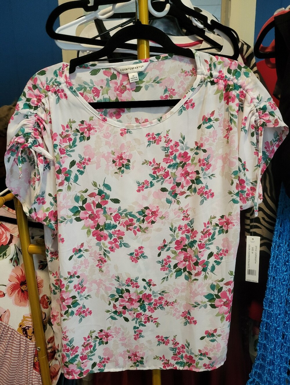 Counterparts White Floral Ruched-Sleeve Top - Pink & Green